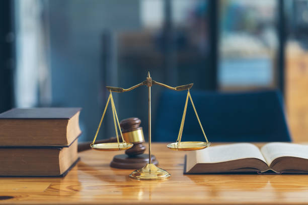Lawyers office. Judges gavel on wooden table.